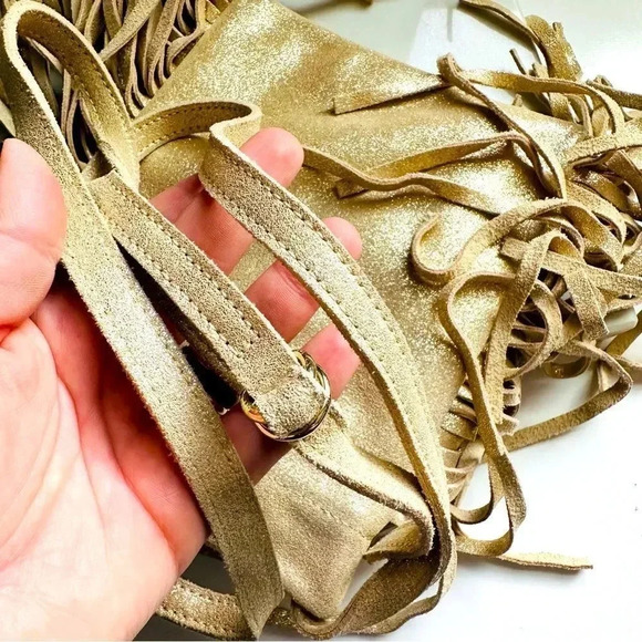 Monserat De Lucca Lola Shimmer Gold Suede Fringed Crossbody Bag - Picture 7 of 9